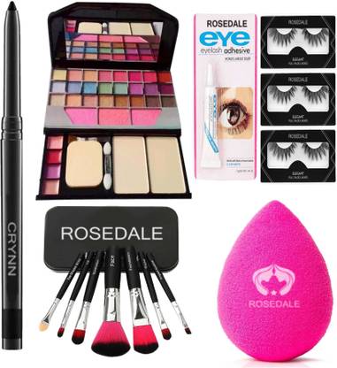 Crynn Smudge Proof Essential Makeup HD11 Beauty Kajal & Rosedale Set of 7 Makeup Brush & Powdered Blender Sponge Puff & TYA 6155 Makeup Kit & Waterproof False Eyelash & Adhesive Eyelash Glue