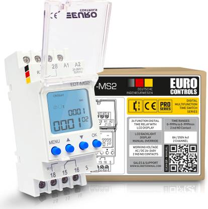 Euro Controls EDT-MS2 German - 2 Channel Multifunction Timer - Range 0-9999s | 0-9999min - 240V AC / DC - 24 modes Delay/Cycle/Pulse/Impulse/Flasher modes - Trigger function - 2 c/o - Din mount Programmable Electronic Timer Switch