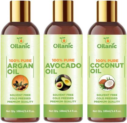 Oilanic 100% Pure & Natural Argan Oil, Avocado Oil & Coconut Oil Combo pack of 3 bottles of 100 ml(300 ml) Hair Oil