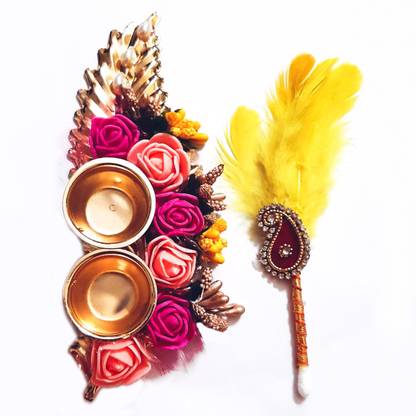 Anjanifacts Roli Chawal Platter Beautifully Decorated With Foam Flowers And Vibrant Colour Feather Tilak Stick Brass, Cotton