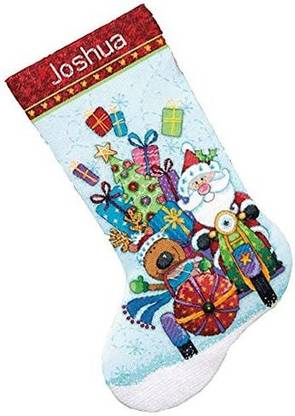 DIMENSIONS Counted Cross Stitch 'Santa'S Sidecar' Personalized Christmas Stocking Kit, 14 Count Light Blue Aida, 16"