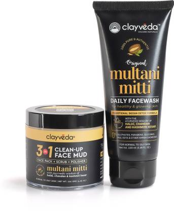 ClayVeda Multani Mitti detox combo - Original Multani Mitti face wash and Multani Mitti 3 in 1 mud
