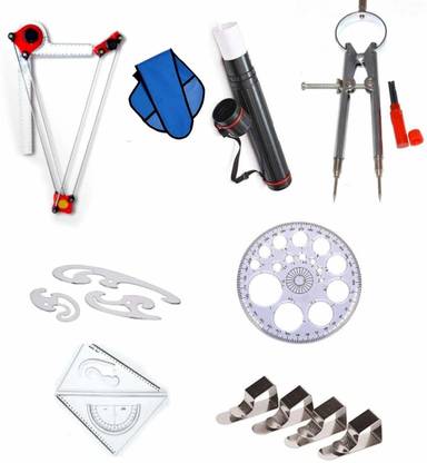 Book birds Engineering Drawing kit, Mini Drafter, Chart Holder, setsquare, procircle, French Curves, Bow Composs,Drawing Clips, (Pack of 1) Drafting Compass Set