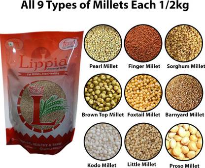 Lippia 9Types of millets each 1/2kg, Pearl Millet, Finger Millet, Sorghum Millet, Brown Top Millet, Foxtail Millet, Barnyard Millet, Kodo Millet, Little Millet, Proso Millet Finger Millet