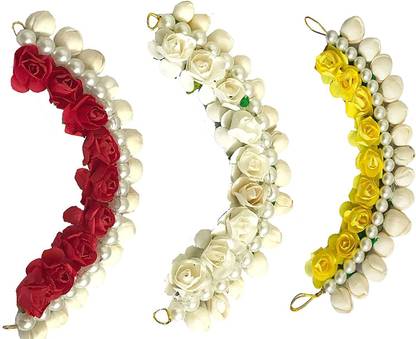VinshBond Combo of Fancy Hair Bun Gajra Flower Hair Tiara for Women and girls, Yellow & red White Hair Bun Styling Accessories,Pack of 3 Bun