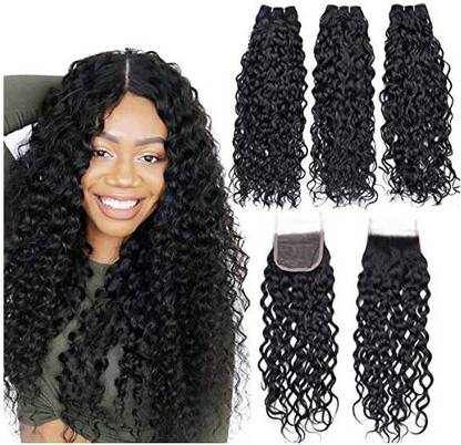 Beauhair 8A Water Wave  Bundle With Closure 16 18 20 +14 Lace Closure Free Part Water Wave Bundles Natural Curly Wave H Hair Extension