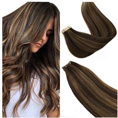 Labâ·Eh 24 Inch Tape In  Extensions Ombre Dark Highlighted Chestnut 100% Remy Human  Extensions Tape In Natu Hair Extension