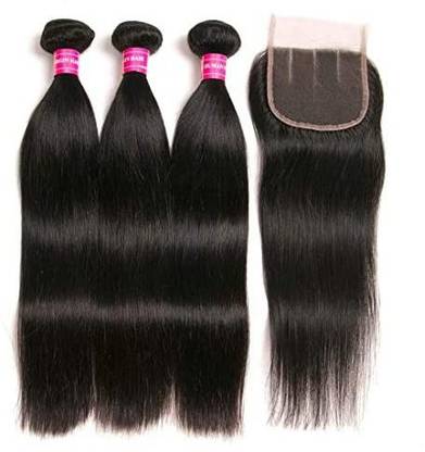 Rui Mei Si Brazilian Straight  With Closure 3 Bundles Unprocessed Virgin Human  Bundles With Lace Closure Three Part  E Hair Extension
