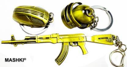 MASHKI Combo of 3 PUBG Ultimate Combo Keychain, Set of PUBG-Based Keyrings with Golden Gun, Helmet, Keychain Key Chain