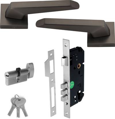 OTRO Zinc Alloy Matte Black Finish (1947) Rose Mortise Door Handle Set With Brass Lock Body With Computer Key Set And Cylinder Zinc Door Handle