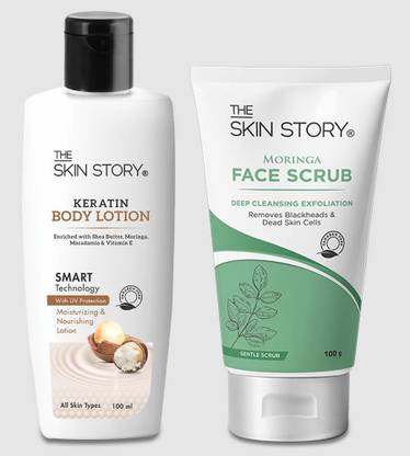 The Skin Story Face and Body Care Combo, Moringa Face Gentle Scrub, Deep Cleansing Exfoliator-100 g, Keratin Body Lotion-100ml, Long Lasting Moisturization,UV Protection