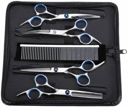 Shirlip Pet Grooming Scissors Set, Professional 5 Pieces Stainless Steel Pet Kit Used for Dog or Cat with 6.6-inch Cutting Scissors, Thinning Shear, Curved Scissors, Shedding Blade for  Dog