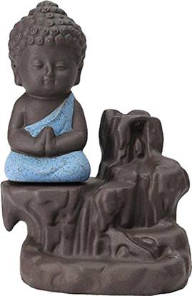 Salebhai Child Buddha Incense Holder Meditating Monk with Smoke Backflow Cone (7x7x12 cm, Blue) Decorative Showpiece  -  12 cm