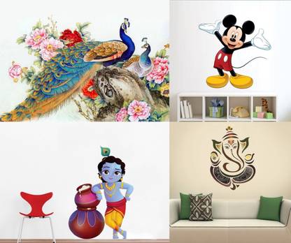 EJAart 60 cm Royal Peacock Cute Mickey Mouse Cute Bal Krishna Makhan Chor Royal Ganesh Self Adhesive Sticker