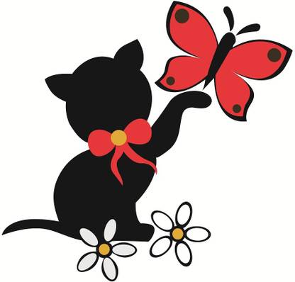 WALLDECORS 60.96 cm CAT WITH BUTTERFLY IMAGE Self Adhesive Sticker