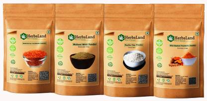 HerbsLand 100% Premium Wild Turmeric (Amba Haldi) Powder, Chinni Mitti (Kaolin Clay) Powder, Multani Mitti and Masoor Dal (Red Lentils-Seed) FacePack Powder For Face & Skin Care (100gm Each)