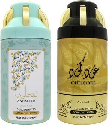 ASDAAF ANDALEEB PERFUMED SPRAY and OUD CODE PERFUMED SPRAY,by lattafa for Refreshing Luxurious Fragrance, Imported from UAE, Perfumed Body Spray for Men and Women, Combo Pack of 2 Deodorant Spray  -  For Men & Women