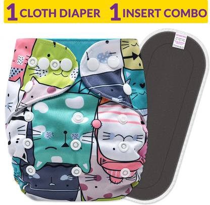 Bembika Cloth Diapers for Babies , Washable , Reusable, Sizes Adjustable with 5 Layer Bamboo Charcoal Insert (Cat Doodle)