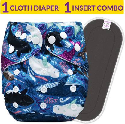 Bembika Cloth Diapers for Babies , Washable , Reusable, Sizes Adjustable with 5 Layer Bamboo Charcoal Insert (Whale)