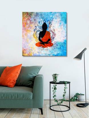 999Store Black, Orange Buddha Multi Color Wall Art Canvas Painting( Canvas_24X24 Inch) Digital Reprint 24 inch x 24 inch Painting