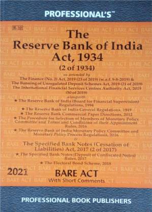 RBI ACT - Reserve Bank Of India Act, 1934 - Bare Act 2021 Edition Professional