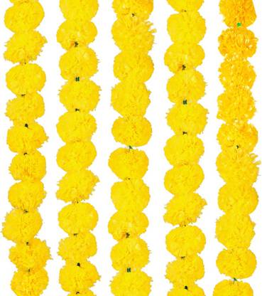 The Phool Mala Artificial Genda Phool, Toran, Marigold Flower Artificial Garlands for Decoration of Doors/Windows/Walls - Set of 5 (Yellow) Plastic Garland