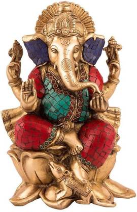 Collectible India Ganesh Statue, Sitting on Lotus Large Handmade Auth Ganesha Ganpati Vinayak Decorative Showpiece  -  24 cm
