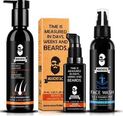 MUUCHSTAC Beard Growth Oil, Ocean Face Wash, Herbal Shampoo with Inbuilt Conditioner ( 3 items in a Set )