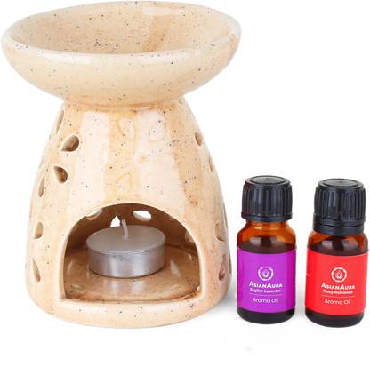 Asian Aura Ceramic Aroma T-Light Diffuser with 2 10 ML Aroma Oil and 1 Tea Light Candle Diffuser Set Ov-2