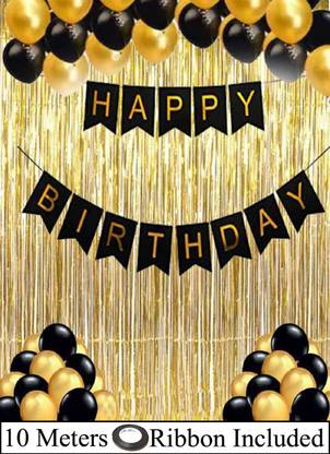 DECOR MY PARTY Happy Birthday Paper Banner with Golden Foil Curtain , Metallic Balloons & Curling Ribbon for Birthday Party Decoration / Birthday Decorations Kit