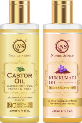 Nuerma Science Castor Oil and Kumkumadi Face Glowing Oil for Skin Lightening (Pack of 2, 200 ML Each)