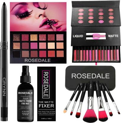 क्रिन Smudge Proof Essential Makeup HD14 Beauty Kajal & Rosedale Professional Set of 7 Makeup Brush & Rose Gold New York Edition Eyeshadow Palette & The Matte Fixer Face Spray & Valentines Edition Set of 16 Liquid Matte Lipstick
