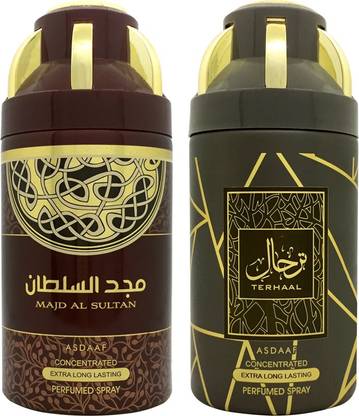 ASDAAF MAJD AL SULTAN PERFUMED SPRAY and TERHAAL PERFUMED SPRAY, by lattafa for Refreshing Luxurious Fragrance, Imported from UAE, Perfumed Body Spray for Men and Women, 250ml, Combo Pack of 2 Deodorant Spray  -  For Men & Women
