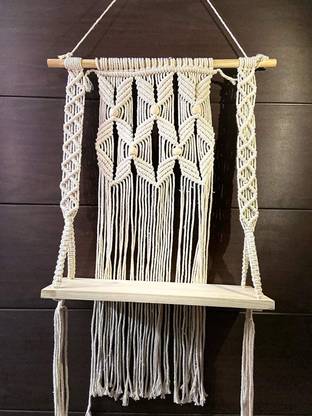 pepme Wall Hanging Shelf of Wood - Wood Floating Shelf, Handmade Cotton Macrame Wooden Wall Shelf (Pack of 1) Wooden Wall Shelf