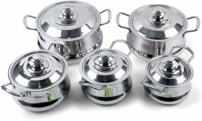 MODERNINNOVATOR Stainless Steel Cook and Serve Handi Set with Lid, Set of 5 (750 ml, 1000 ml, 1500 ml, 2000 ml, 2700 ml) Handi 2000 L, 1700 L, 1500 L, 1000 L, 750 L with Lid