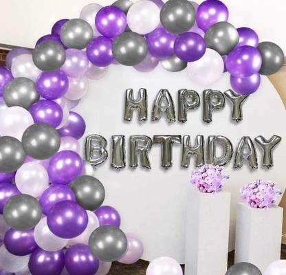 Blooms Mall Solid Elegant Combo Happy Birthday Letter foil Balloon + Purple, Silver and white Metallic Balloons Balloon