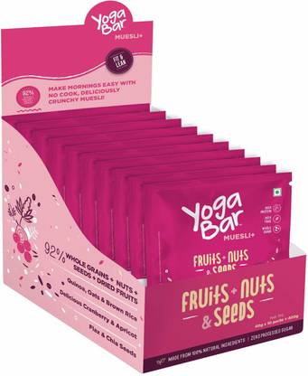 Yogabar Muesli | Fruit and Nuts & Seeds | 40g x 10 Pouches |Breakfast Cereal Muesli with 92% Wholegrains, Nuts, Seeds & Dried Fruits | Low Sugar | Free from Preservatives Muesli | Gluten Free Granola Pouch