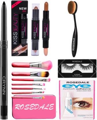 Crynn Smudge Proof Essential Makeup HD12 Beauty Kajal & Rosedale Professional Set of 7 Makeup Brush & Kiss Beauty Concealer Highlighter & Contour Stick & False Eyelash , Glue & Oval Shape Naked Blushed Makeup Brush