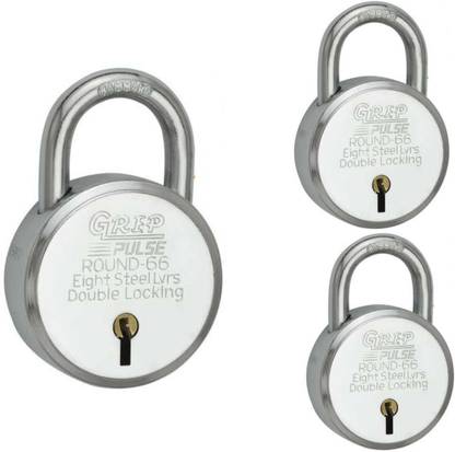 Grep Pulse Round 66 MM 8 Levers Double Locking Padlock Pack of Three (Silver). Padlock