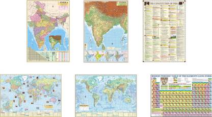 (Pack of 6 Map/Chart) INDIA MAP [POLITICAL + PHYSICAL], WORLD MAP ...
