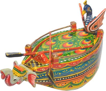 Sweta Creations Wooden Boat with Beautiful Hand Painting Art work for Puja Krishna ji (Size: 6 Inches) Decorative Showpiece  -  15 cm