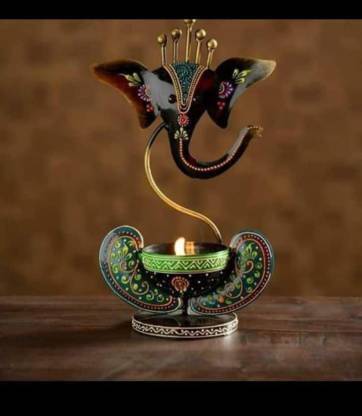 avtar Metal Handmade Hand Painted Black Iron Lord Ganesh Tealight Candle Holder ) Decorative Showpiece  -  28.5 cm