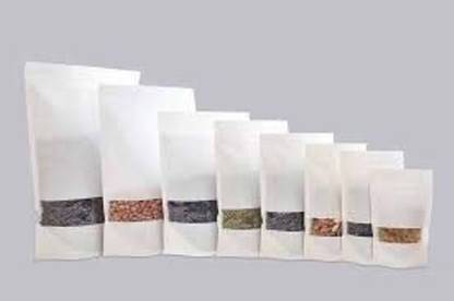 KCL KCL White Kraft Paper Standup Pouches with Rectangle Window and Zipper for Packaging - Dimension - 5.5X8 Inches - Pack of 100 Pc Paper Storage Pouch