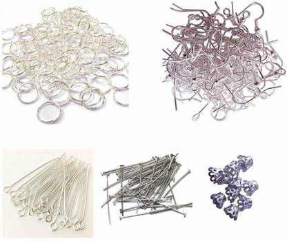 Dhruv Crafts Combo Jewelry Making Material Kit, Ear Hooks Clasps, Head pins, Eyepins, Jump Rings Flower (Silver) 25 Pcs Each