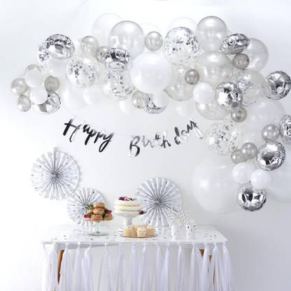 Bash N Splash Solid Silver Happy Birthday Balloon with Confetti & White Balloons Pack of 40 Balloon