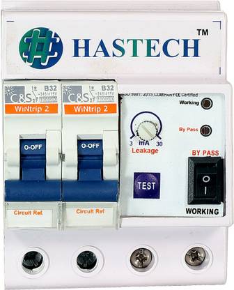 HASTECH MODULAR ELCB+MCB 32 AMP.(30 mA) ELCB+MCB Single Phase 2 pole ELCB + RCCB + ISI Marked MCB 32 A with high voltage protection, Overload Protection, Adjustable Leakage current 3 to 30 mA (Shock Guard) Modular MCB (2) MCB