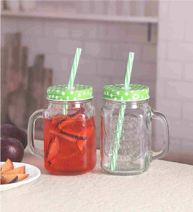 VERIFIED Mason Glass Jar with Straw and Handle(Clear) - Pack of 2 For Mocktail And Shake Glass Mason Jar