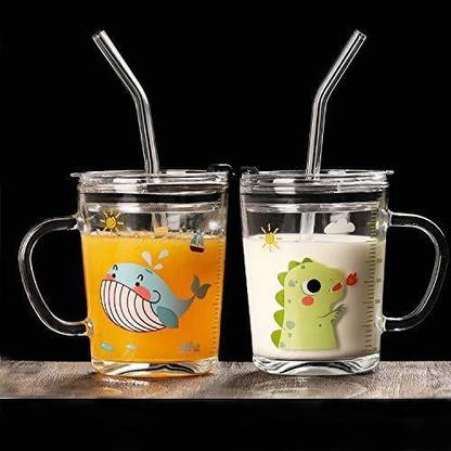 AASHI ENTERPRISE Printed Mason Jar with Straw I 400 ML I Transparent Glass Mason Jar (400 ml, Pack of 2) Glass Tumbler