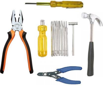 Inditools High Quality Hand Tool Kit 8 in 1 screwdriver set 1 pliers 1 wire cutter 1Claw hammer 1 tester (Pack of 5) Hand Tool Kit