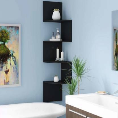 ArtfulCrafts Wooden ig Zag Wall Mounted Wall Shelf ( Number Of Shelves 4 Black) Wooden Wall Shelf